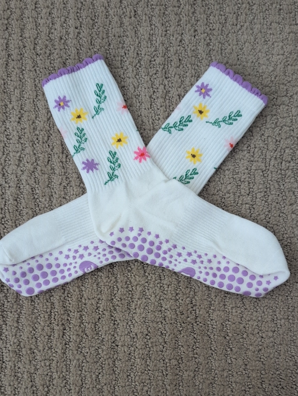 White Crew Socks with Purple Floral Accents Grip Socks